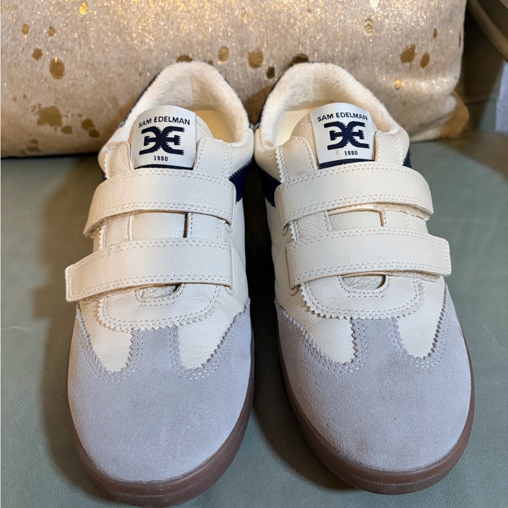 Sam Edelman Cream and Gray Velcro Sneakers